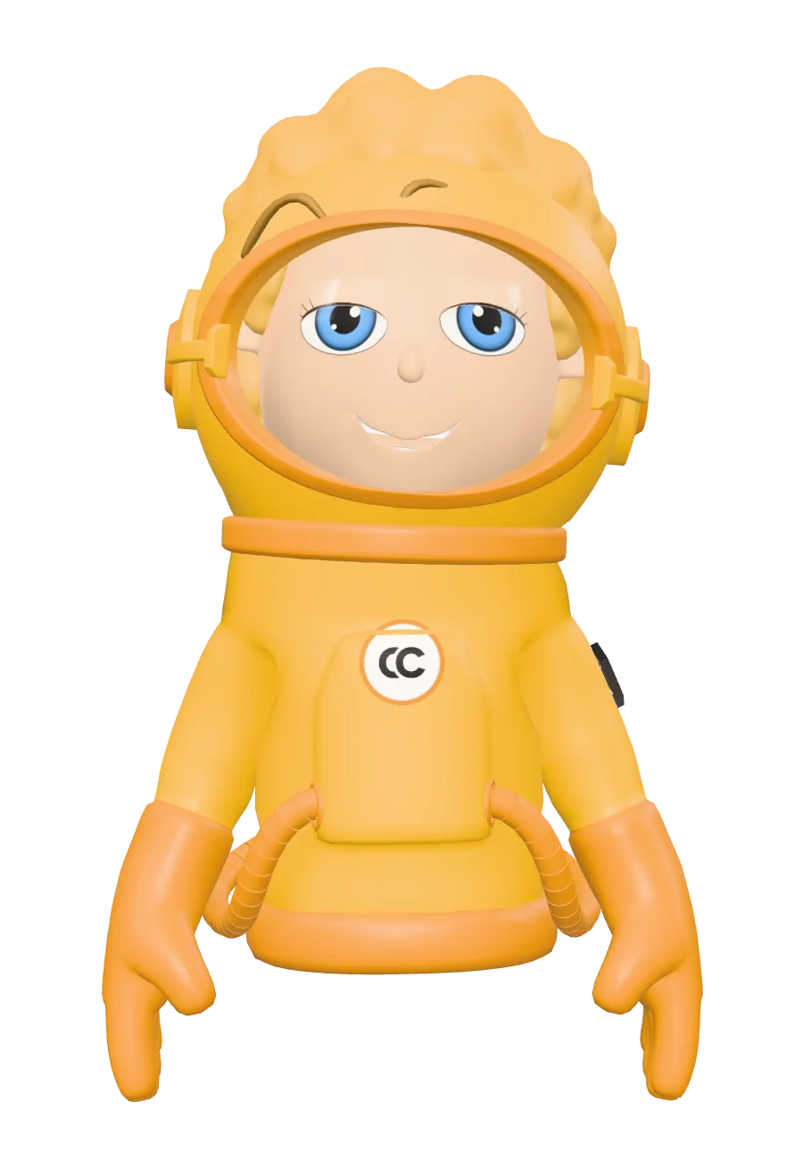 Sales, the CosmoCrew agent for pipeline, in an amber-trimmed astronaut suit.